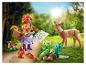 Playmobil : personnages, cerf, écureuils et hérissons dans un décor forestier.