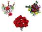 Trois bouquets de fleurs en blocs de construction, incluant des roses rouges et des arrangements mixtes.
