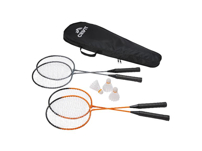 Set de badminton Crivit avec deux raquettes grises, deux raquettes oranges, des volants et un sac de transport.