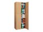 Armoire en bois aux portes ouvertes, remplie de classeurs et de livres de design.