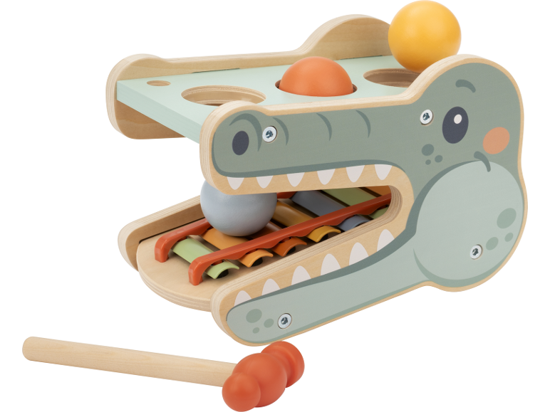 Jouet crocodile en bois avec marteau, balles et xylophone.