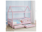 Un lit d'enfant en bois rose avec un cadre en forme de maison et deux tiroirs.
