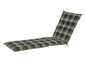 Un coussin de chaise longue à carreaux vert et gris