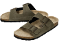 Sandales femme en daim vert olive avec boucles, semelle en liège et semelle noire.