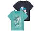 Deux t-shirts Peppa Pig pour enfant : un vert avec un motif jungle et un bleu marine avec des palmiers.