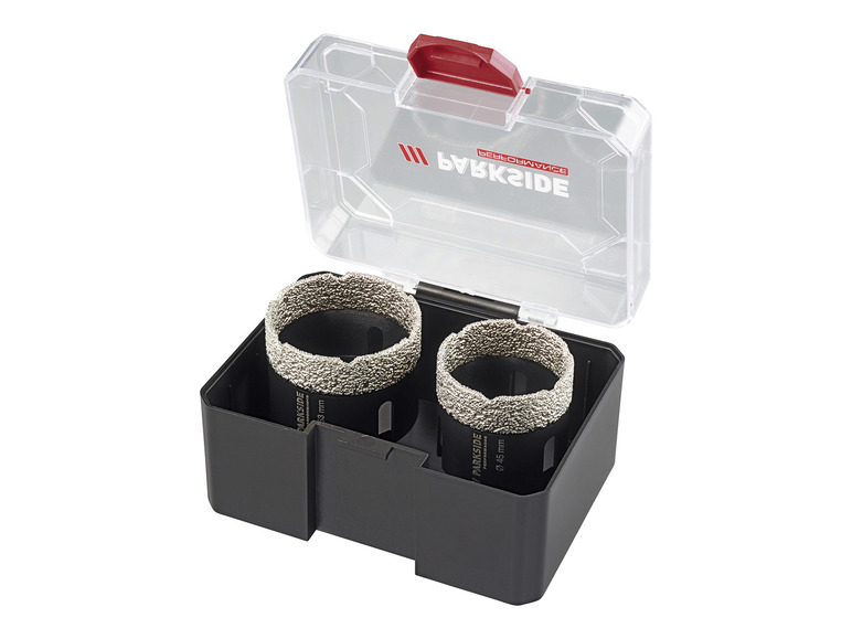 Deux couronnes de forage diamantées Parkside dans une boîte de rangement.