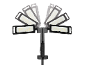 Projecteur LED double avec têtes réglables, montrant différentes positions d'éclairage.