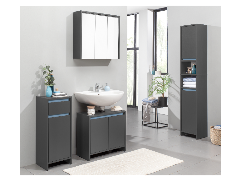 Meubles de salle de bain modernes gris avec des accents bleus.