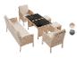 Ensemble de mobilier de jardin en rotin avec canapé, deux fauteuils, table et deux tabourets, en beige.