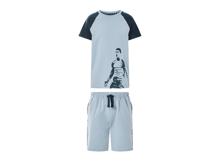 Pyjama homme deux pièces bleu clair avec t-shirt à manches courtes et short à cordon.
