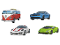 Puzzles de véhicules 3D RAVENSBURGER avec un combi VW, une Dodge Challenger, une Porsche et une Lamborghini.