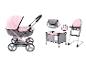 Poussette jouet rose et grise, lit de voyage, sac, bavoir et chaise haute.
