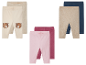 Trois ensembles de leggings pour bébés : beige avec des ours, beige et bleu marine, rose et bordeaux.