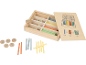 Ensemble d'apprentissage des mathématiques en bois avec disques numérotés, symboles d'opérations et bâtonnets.