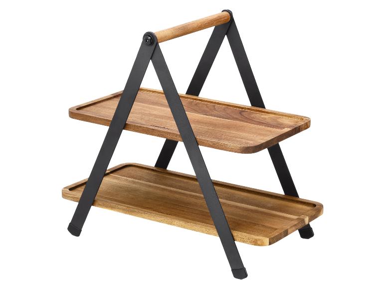 Plateau de service en bois à deux niveaux avec cadre en métal noir et poignée en bois