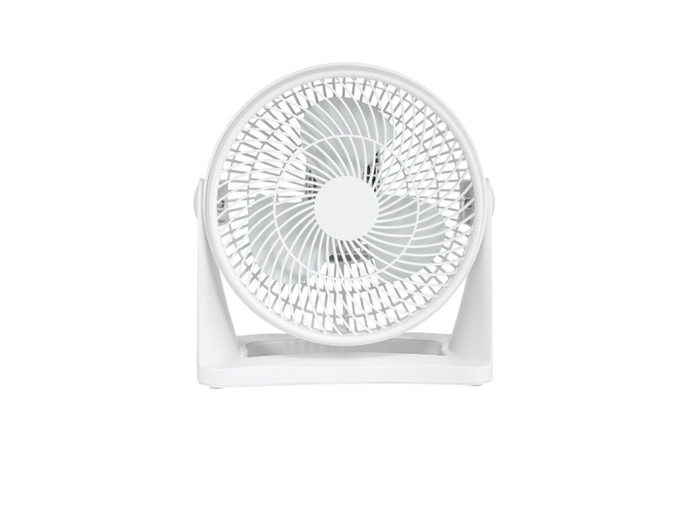 Un ventilateur de table blanc avec un ventilateur circulaire.