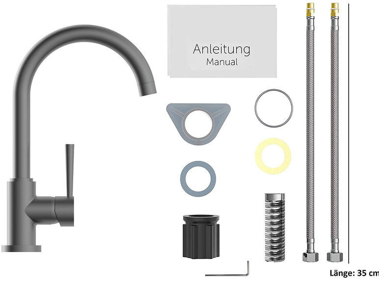 Un robinet de cuisine noir avec deux flexibles de connexion et instructions de montage.