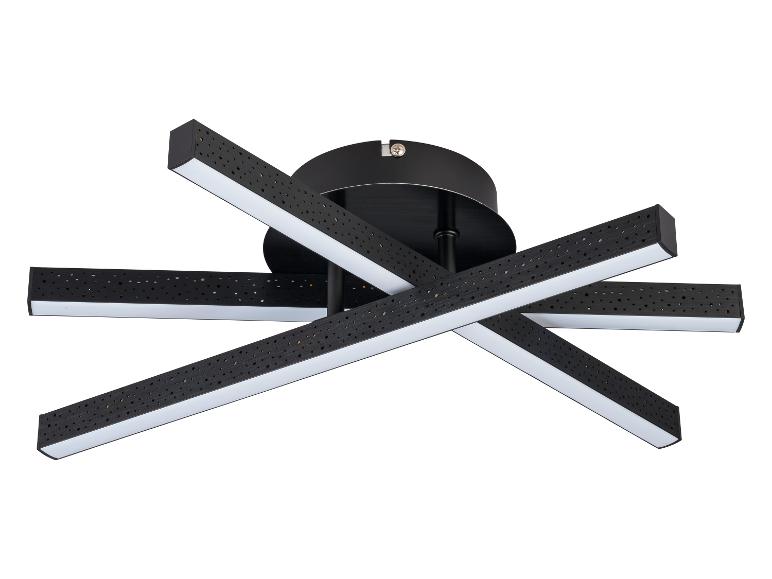 Plafonnier LED noir moderne avec quatre bras rectangulaires croisés et détails perforés