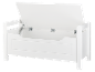 Banc de rangement blanc pour jouets avec couvercle ouvert et façade à panneaux