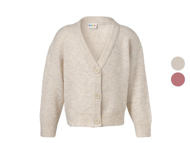 Cardigan en maille beige avec boutons et col en V, avec deux échantillons de couleur sur le côté.