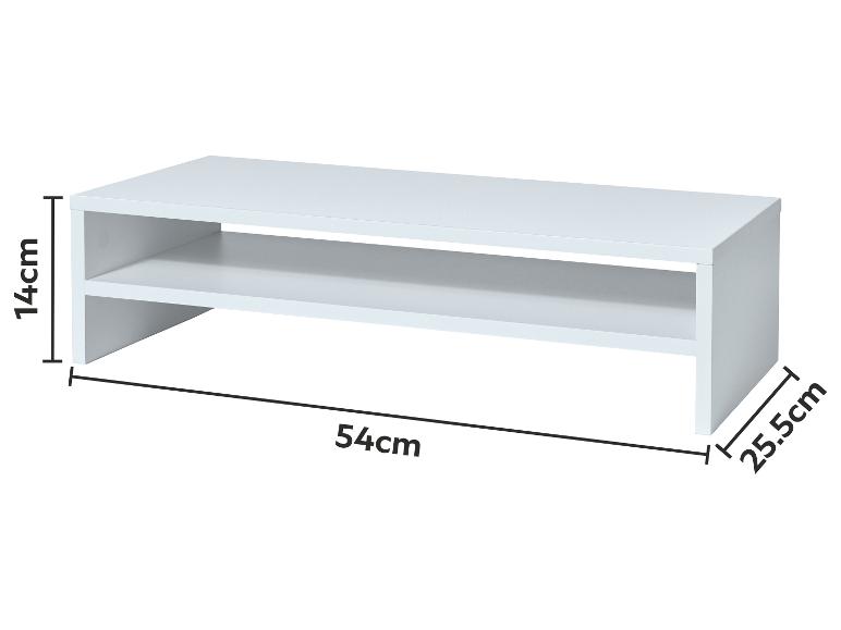 Support d'écran blanc avec étagère, dimensions 54cm (L) x 14cm (H) x 25.5cm (P).