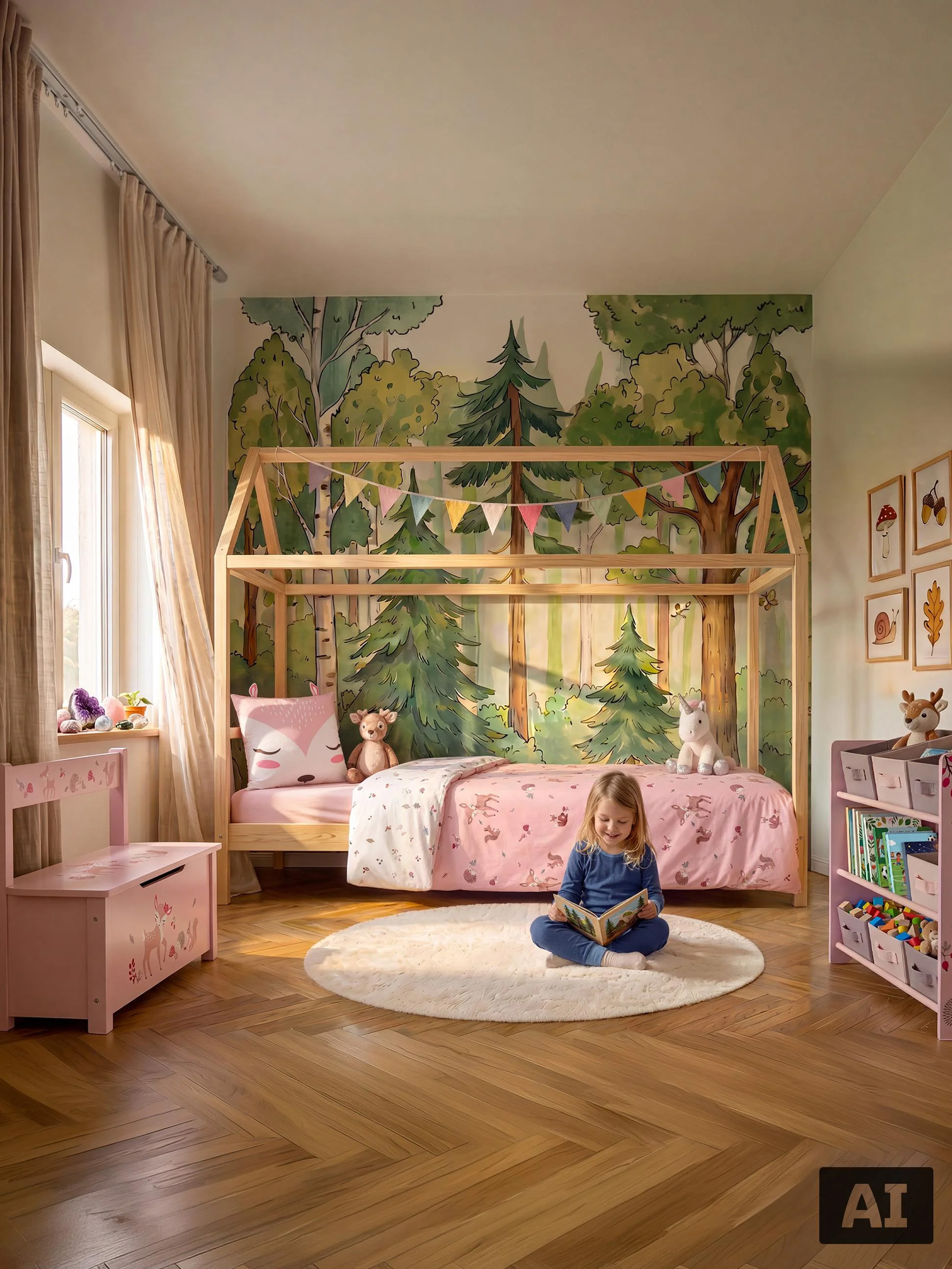 Chambre d'enfant thème forêt avec lit cabane en bois, meubles roses et tapis rond.