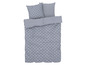 Une housse de couette avec des taies d'oreiller avec un motif géométrique en bleu et blanc.