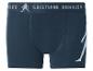 Boxer homme bleu foncé avec texte sur la ceinture et silhouette de footballeur.
