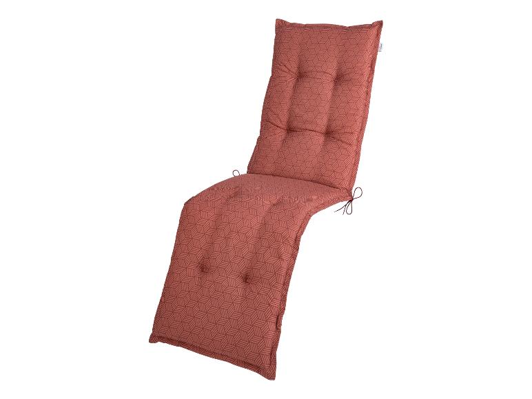 Coussin de chaise longue rouge-brun à motif géométrique.