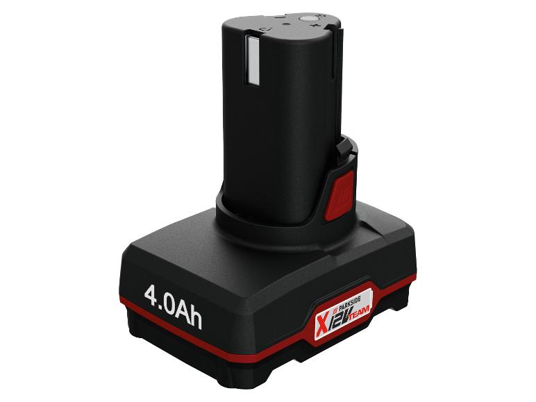 Batterie d'outil électrique noire et rouge de 4.0Ah avec logo X12V Team.