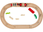 Train jouet en bois avec circuit ovale et blocs colorés.