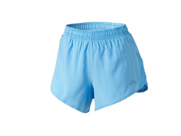 Short de sport femme bleu clair avec taille élastique et détails en maille.
