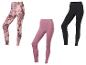 Trois paires de leggings pour femmes : rose marbré, rose uni et noir.