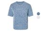 Un pull bleu clair à manches courtes avec un motif ajouré.