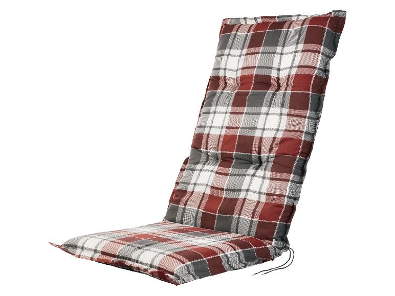 Un coussin de siège pour chaise à carreaux rouges, blancs et gris avec un cordon attaché.