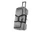 Sac de voyage gris à roulettes avec poignée extensible et poches latérales.