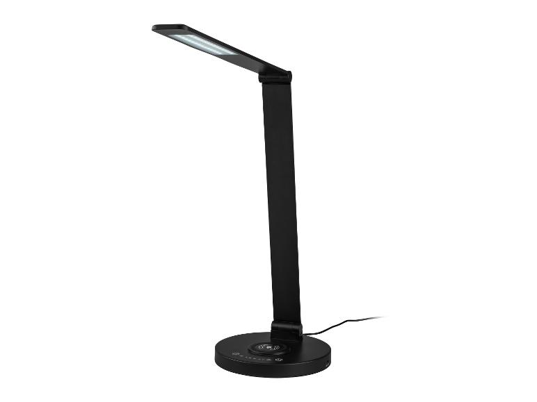 Lampe de bureau LED noire avec chargeur sans fil et panneau tactile.