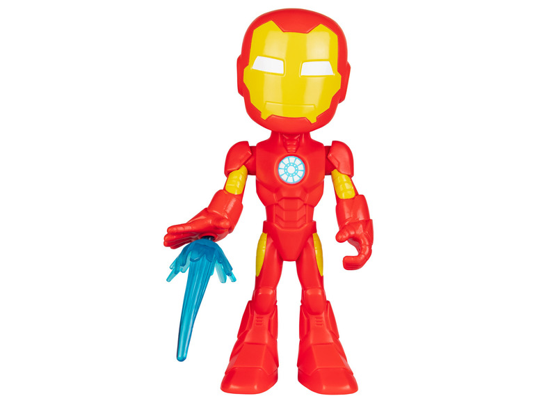 Une figurine Iron Man avec un rayon d'énergie bleu.