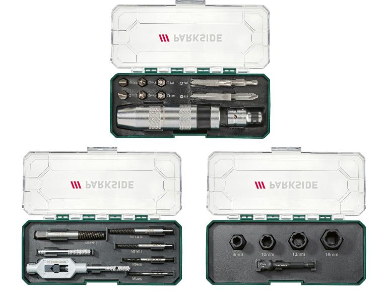 Ensembles d'outils Parkside, comprenant tournevis, extracteurs de vis et douilles.