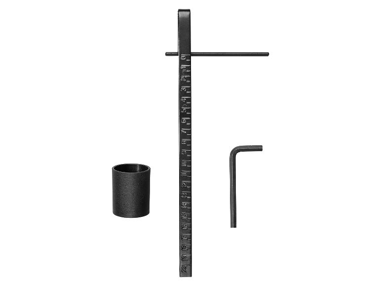 Outil de mesure noir avec clé hexagonale et élément cylindrique.