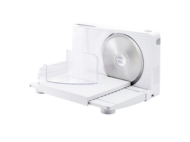Trancheuse électrique blanche avec lame dentelée et poussoir transparent.