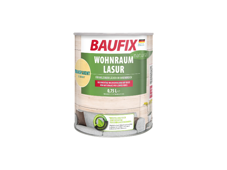 Lasure pour boiseries intérieures Baufix : teinte naturelle, finition soyeuse mate.