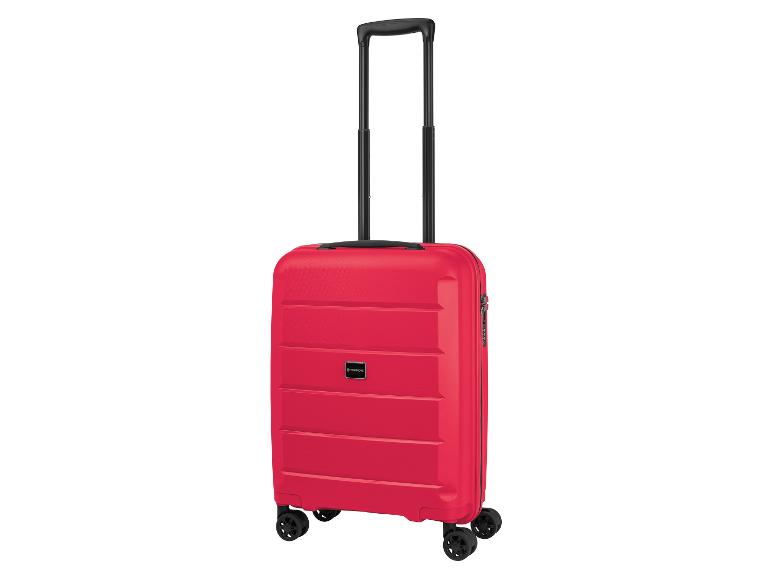 Une valise rouge Topmove à roulettes.