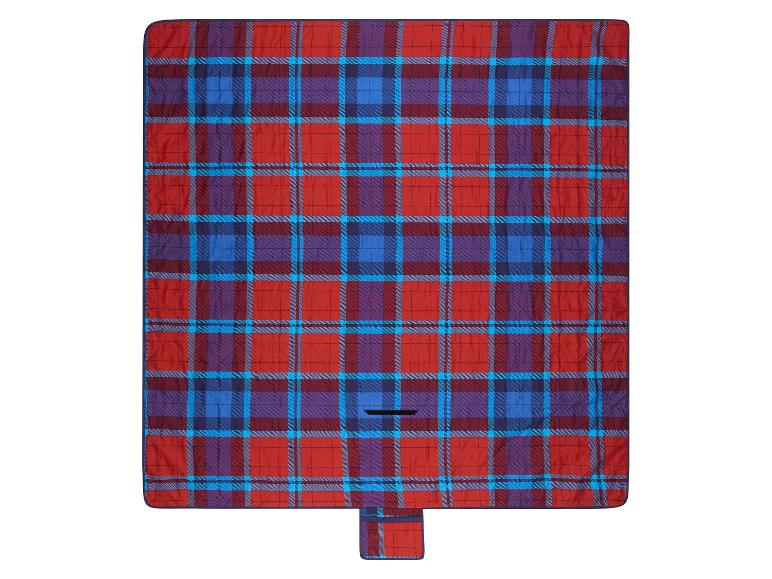 Couverture de pique-nique à carreaux rouge, bleu et violet avec une petite poche