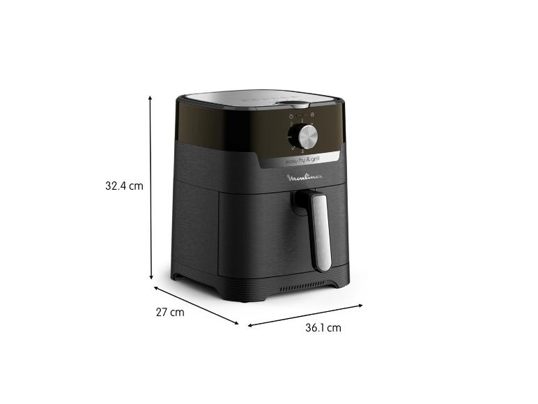 Friteuse à air Moulinex Easy Fry & Grill avec dimensions : 32,4 cm (H), 27 cm (L), 36,1 cm (P).