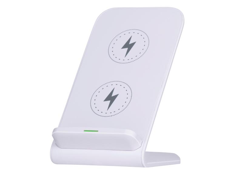 Chargeur sans fil blanc avec deux zones de charge et un indicateur lumineux vert