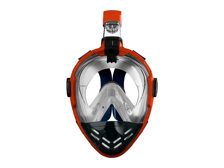 Masque de plongée orange avec tuba intégré et visière transparente.