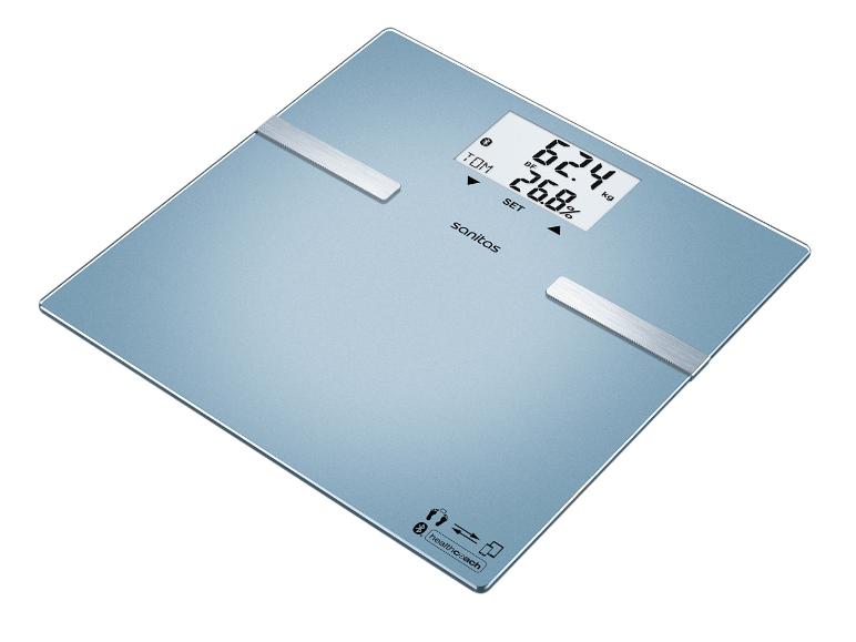 Pèse-personne intelligent affichant le poids (62,4 kg) et la masse grasse (26,8 %)