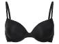 Soutien-gorge push-up noir à bretelles réglables sur fond blanc.
