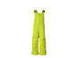 Salopette de ski jaune fluo pour enfant avec bretelles réglables et fermeture éclair frontale.